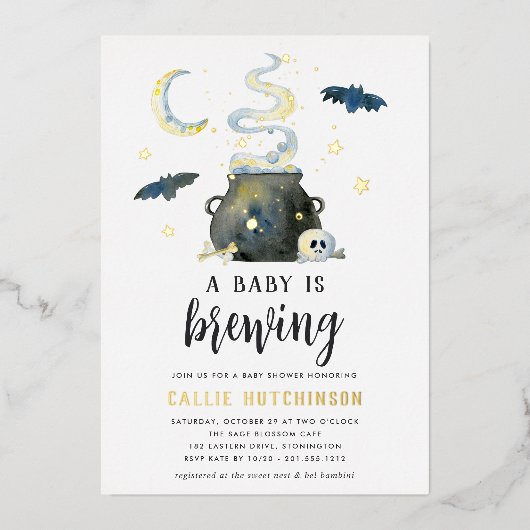 ベビーが醸造している |かわいいハロウィーンの赤ちゃんシャワー 箔招待状 (正面)