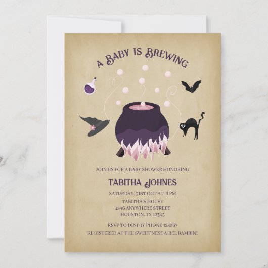 ベビーが醸造している | ヴィンテージハロウィーンの赤ちゃんシャワー 招待状 (正面)