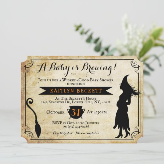 「ベビーが醸造している」ヴィンテージハロウィーンベイビーシャワー 招待状 (スタンド正面)
