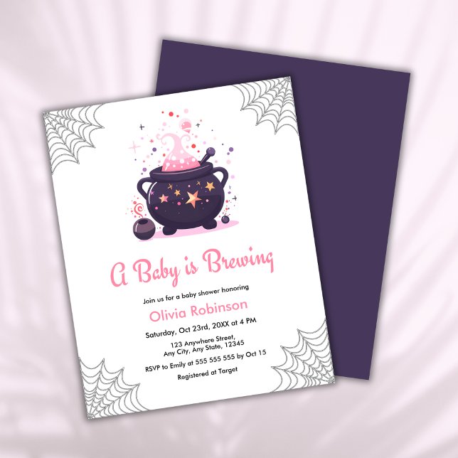ベビーが醸造ハロウィーン赤ちゃんシャワー招待状 (Budget Pink A Baby is Brewing Cauldron Halloween Girl Baby Shower Invitation )