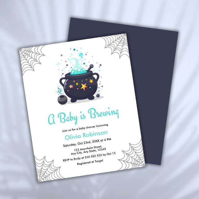 ベビーが醸造ハロウィーン赤ちゃんシャワー招待状 (Budget Blue A Baby is Brewing Cauldron Halloween Boy Baby Shower Invitation  )