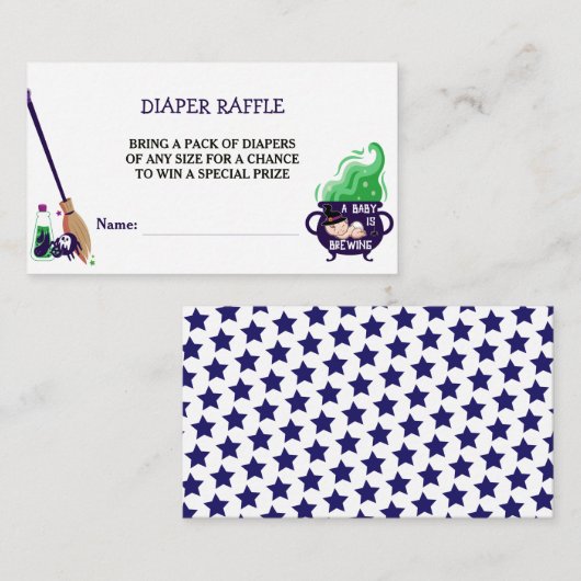 ベビーが魔女の赤ちゃんシャワーおむつラッフルを醸造している エンクロージャーカード (正面/裏面)