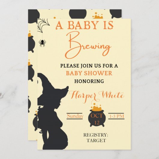 ベビーが魔女の赤ちゃんシャワーを醸造している 招待状 (正面/裏面)