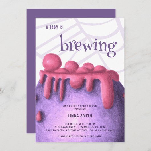 ベビーが魔女ハロウィーンの赤ちゃんシャワーを醸造している 招待状 (正面/裏面)