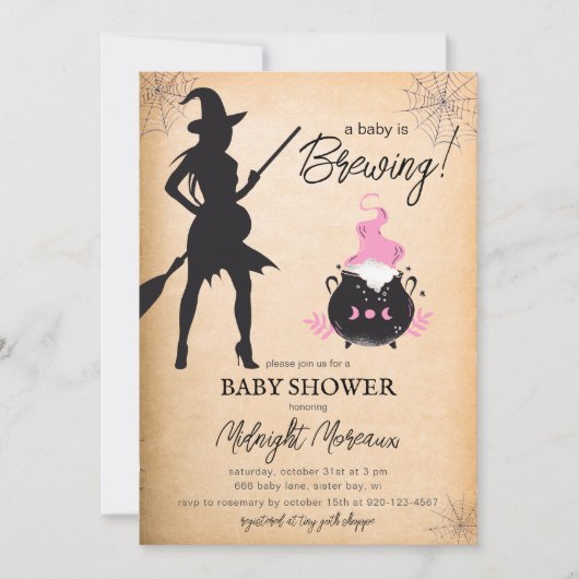 ベビーが魔女ハロウィーンの赤ちゃんシャワーを醸造している 招待状 (正面)