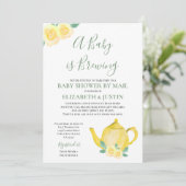ベビーが黄色いティーポットのベビーシャワーをメールで作る 招待状 (スタンド正面)