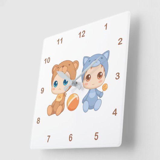 ベビーくま猫のジャンプスーツは2つを結び付けます スクエア壁時計 (傾斜)
