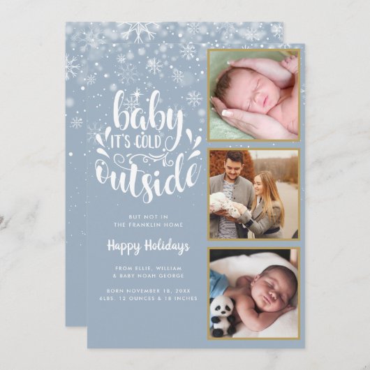 ベビーその冷たいアウトサイドブルー3フォト誕生 シーズンカード (正面/裏面)