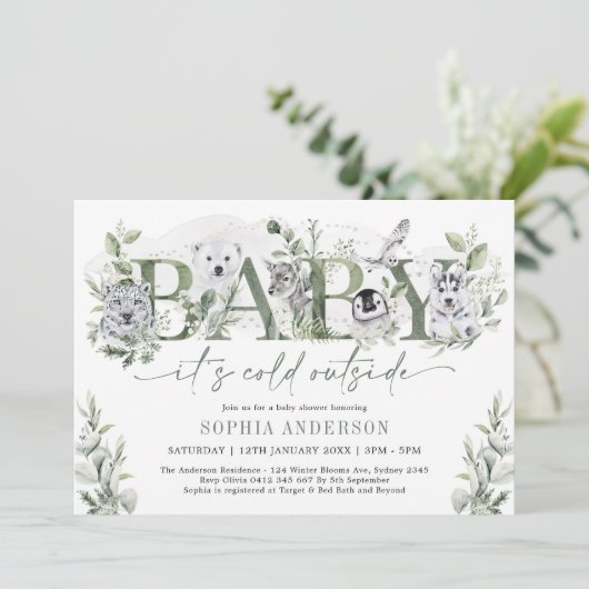 ベビーその冷たい冬の動物の外の赤ちゃんシャワー 招待状 (スタンド正面)