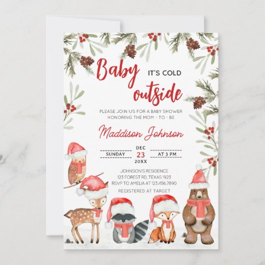 ベビーその冷たい冬の森の外の赤ちゃんシャワー 招待状 (正面)