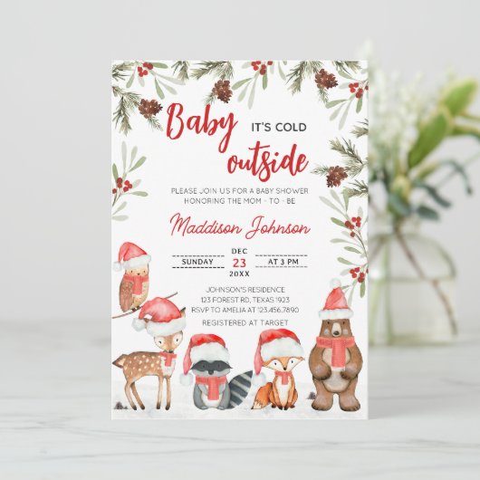 ベビーその冷たい冬の森の外の赤ちゃんシャワー 招待状 (スタンド正面)
