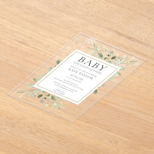 ベビーその冷たい冬の雪の外の赤ちゃんシャワー アクリル招待状 (レイダウン)