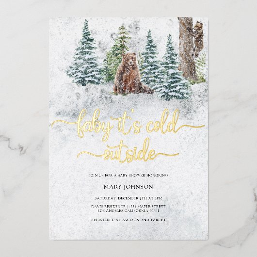 ベビーその冷たい外のクマのベビーシャワー 箔招待状 (正面)