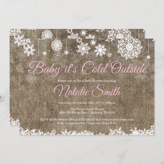 ベビーその冷たい外のバーラップ冬の赤ちゃんシャワー 招待状 (正面/裏面)