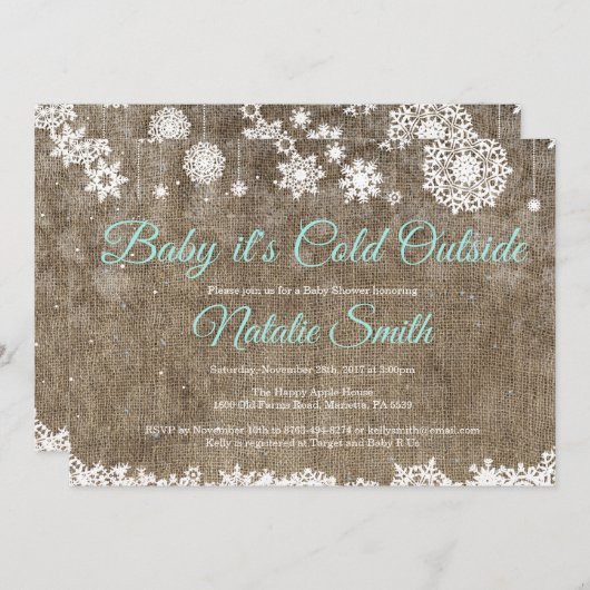 ベビーその冷たい外のバーラップ冬の赤ちゃんシャワー 招待状 (正面/裏面)