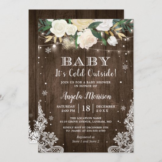 ベビーその冷たい外のフローラ素朴赤ちゃんシャワー 招待状 (正面/裏面)