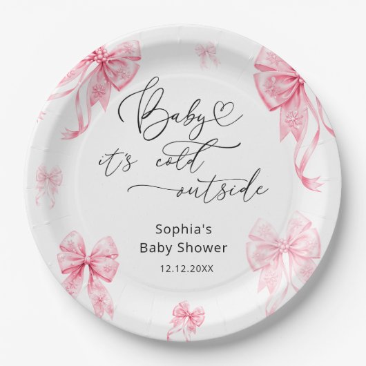 ベビーその冷たい外の冬のピンクの弓ベビーシャワー ペーパープレート (正面)