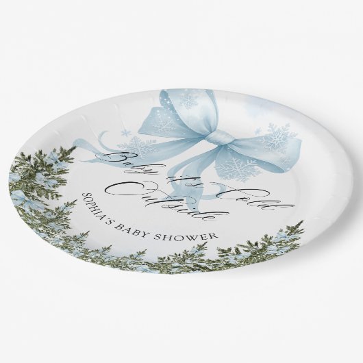 ベビーその冷たい外の冬のブルーボウ赤ちゃんシャワー ペーパープレート (アングル)