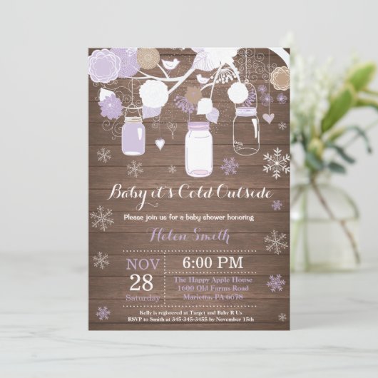 ベビーその冷たい外の冬のメイソンの瓶の赤ちゃんシャワー 招待状 (スタンド正面)