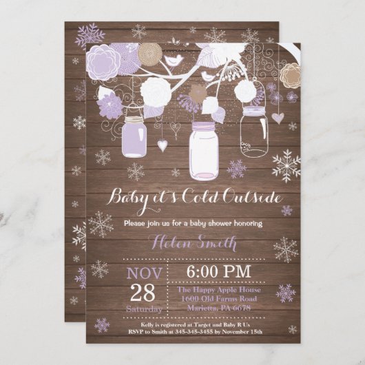 ベビーその冷たい外の冬のメイソンの瓶の赤ちゃんシャワー 招待状 (正面/裏面)