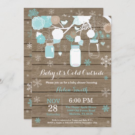 ベビーその冷たい外の冬のメイソンの瓶の赤ちゃんシャワー 招待状 (正面/裏面)