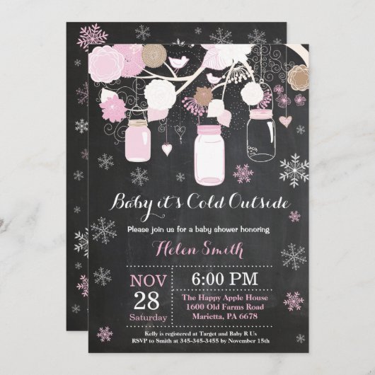 ベビーその冷たい外の冬のメイソンの瓶の赤ちゃんシャワー 招待状 (正面/裏面)