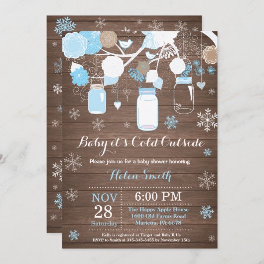 ベビーその冷たい外の冬のメイソンの瓶の赤ちゃんシャワー 招待状 (正面/裏面)
