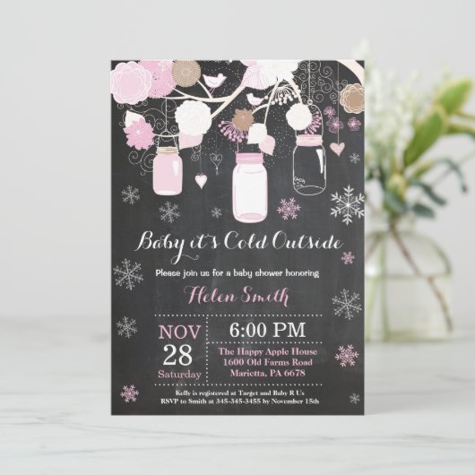 ベビーその冷たい外の冬のメイソンの瓶の赤ちゃんシャワー 招待状 (スタンド正面)