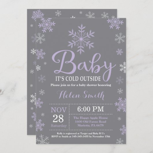 ベビーその冷たい外の冬の女の子の赤ちゃんシャワー 招待状 (正面/裏面)