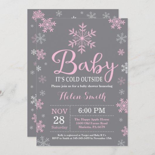 ベビーその冷たい外の冬の女の子の赤ちゃんシャワー 招待状 (正面/裏面)