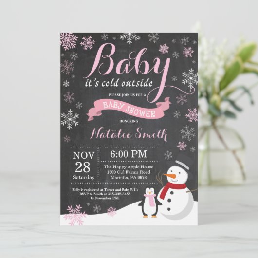 ベビーその冷たい外の冬の女の子の赤ちゃんシャワー 招待状 (スタンド正面)