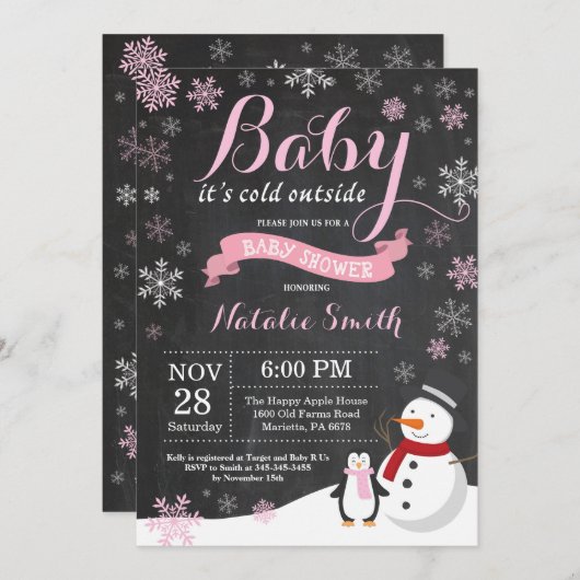 ベビーその冷たい外の冬の女の子の赤ちゃんシャワー 招待状 (正面/裏面)