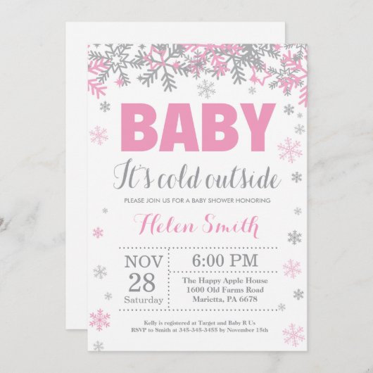 ベビーその冷たい外の冬の女の子の赤ちゃんシャワー 招待状 (正面/裏面)
