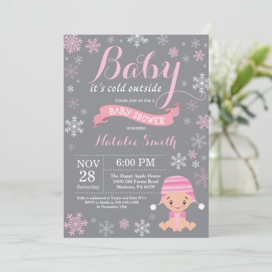 ベビーその冷たい外の冬の女の子ベビーシャワーピンク 招待状 (スタンド正面)