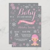 ベビーその冷たい外の冬の女の子ベビーシャワーピンク 招待状 (正面/裏面)
