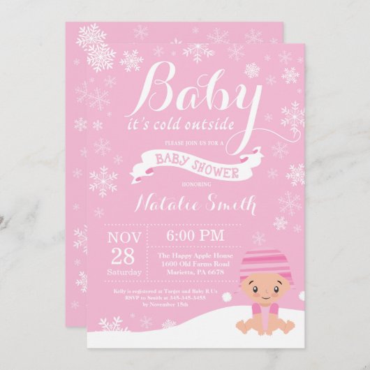 ベビーその冷たい外の冬の女の子ベビーシャワーピンク 招待状 (正面/裏面)