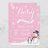 ベビーその冷たい外の冬の女の子ベビーシャワーピンク 招待状 (正面/裏面)