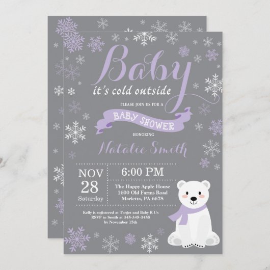 ベビーその冷たい外の冬の女の子ベビーシャワーピンク 招待状 (正面/裏面)