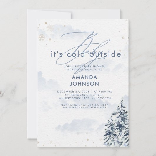 ベビーその冷たい外の冬の常緑の赤ちゃんシャワー 招待状 (正面)
