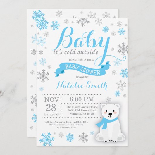 ベビーその冷たい外の冬の男の子の赤ちゃんシャワーブルー 招待状 (正面/裏面)