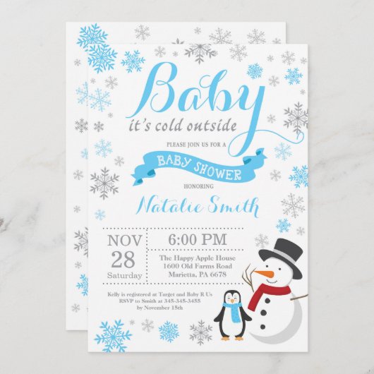ベビーその冷たい外の冬の男の子の赤ちゃんシャワーブルー 招待状 (正面/裏面)