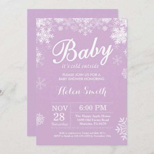 ベビーその冷たい外の冬の紫の赤ちゃんシャワー 招待状 (正面/裏面)