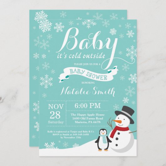 ベビーその冷たい外の冬の赤ちゃんシャワーアクア 招待状 (正面/裏面)