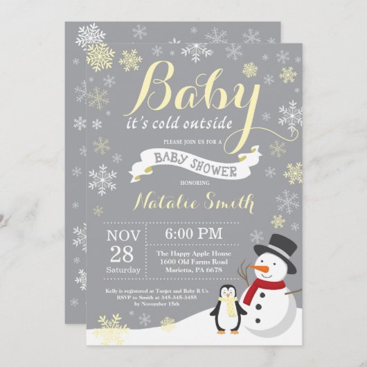 ベビーその冷たい外の冬の赤ちゃんシャワーイエロー 招待状 (正面/裏面)