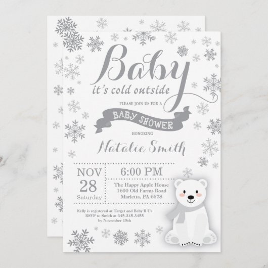 ベビーその冷たい外の冬の赤ちゃんシャワーグレー 招待状 (正面/裏面)