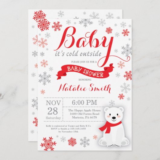 ベビーその冷たい外の冬の赤ちゃんシャワー赤 招待状 (正面/裏面)