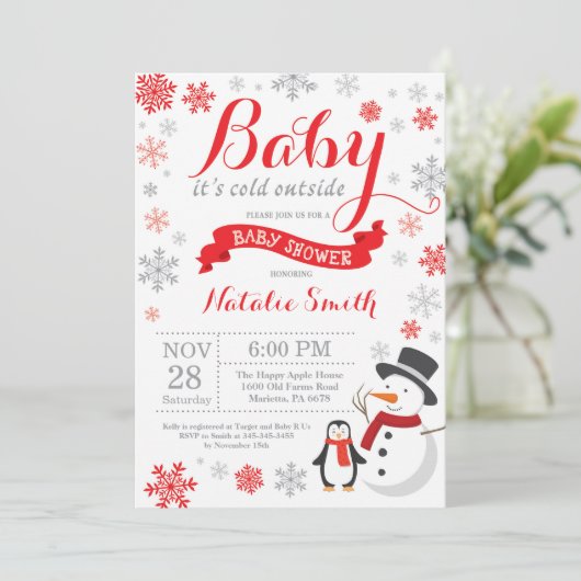 ベビーその冷たい外の冬の赤ちゃんシャワー赤 招待状 (スタンド正面)
