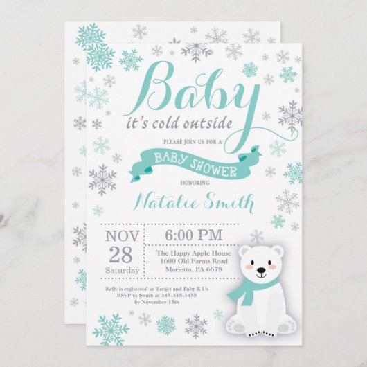 ベビーその冷たい外の冬の赤ちゃんシャワーAuqa 招待状 (正面/裏面)
