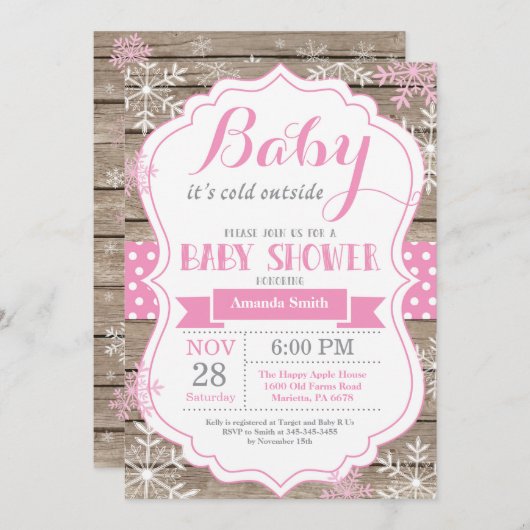 ベビーその冷たい外の冬の赤ちゃん女の子シャワー 招待状 (正面/裏面)