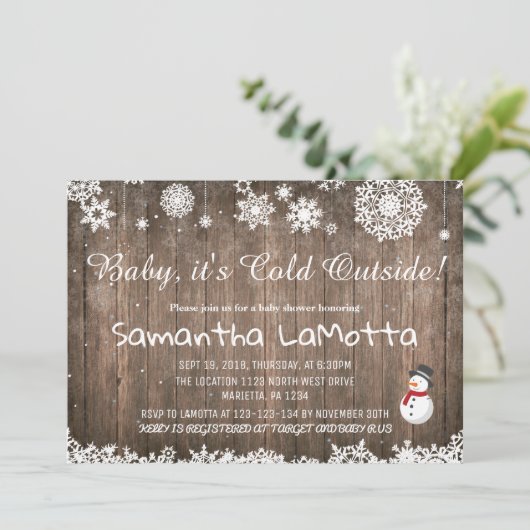 ベビーその冷たい外の冬の雪だるまベビーシャワー 招待状 (スタンド正面)